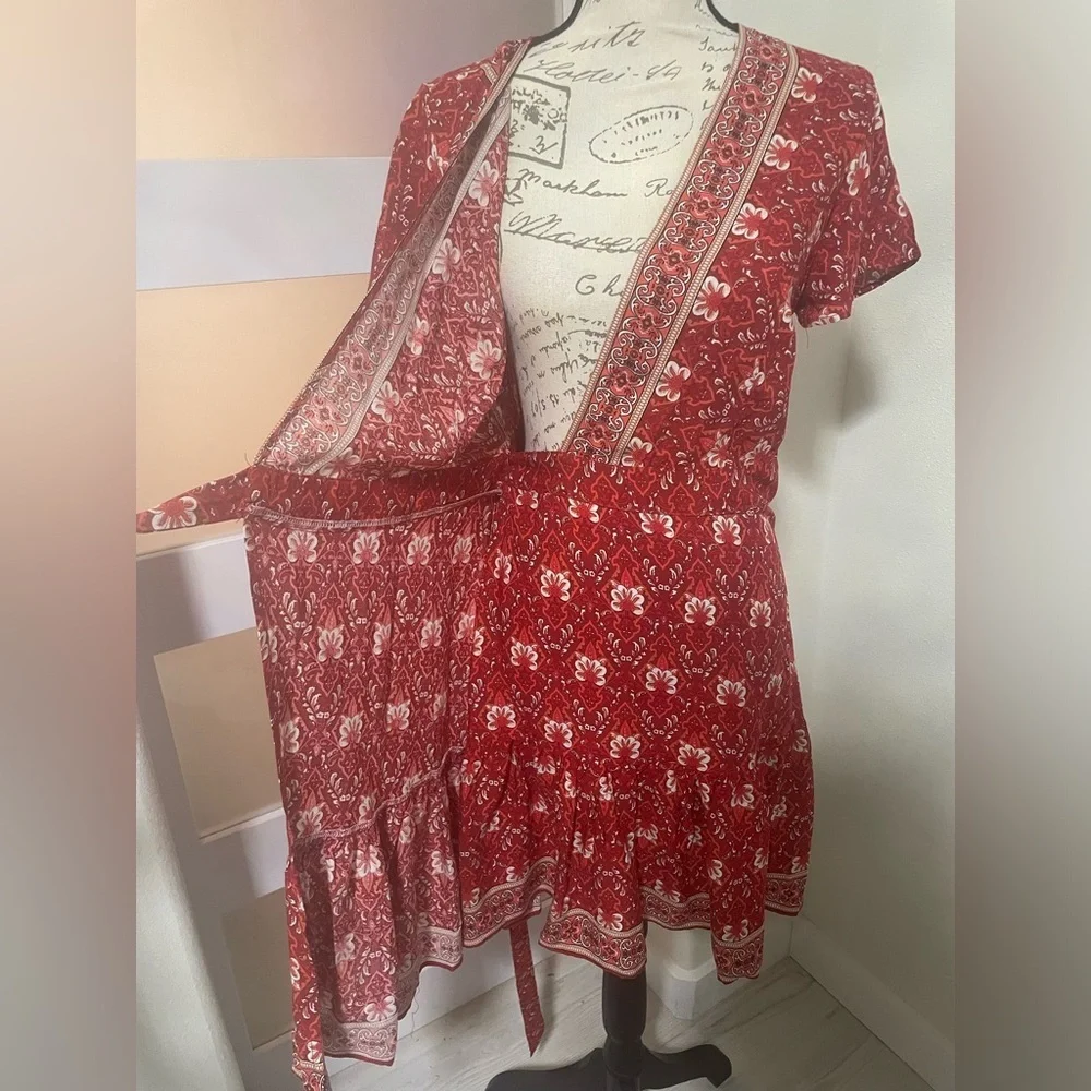 Red Floral Wrap Mini Dress - Women's V-Neck Short Sleeve - Picture 7 of 11